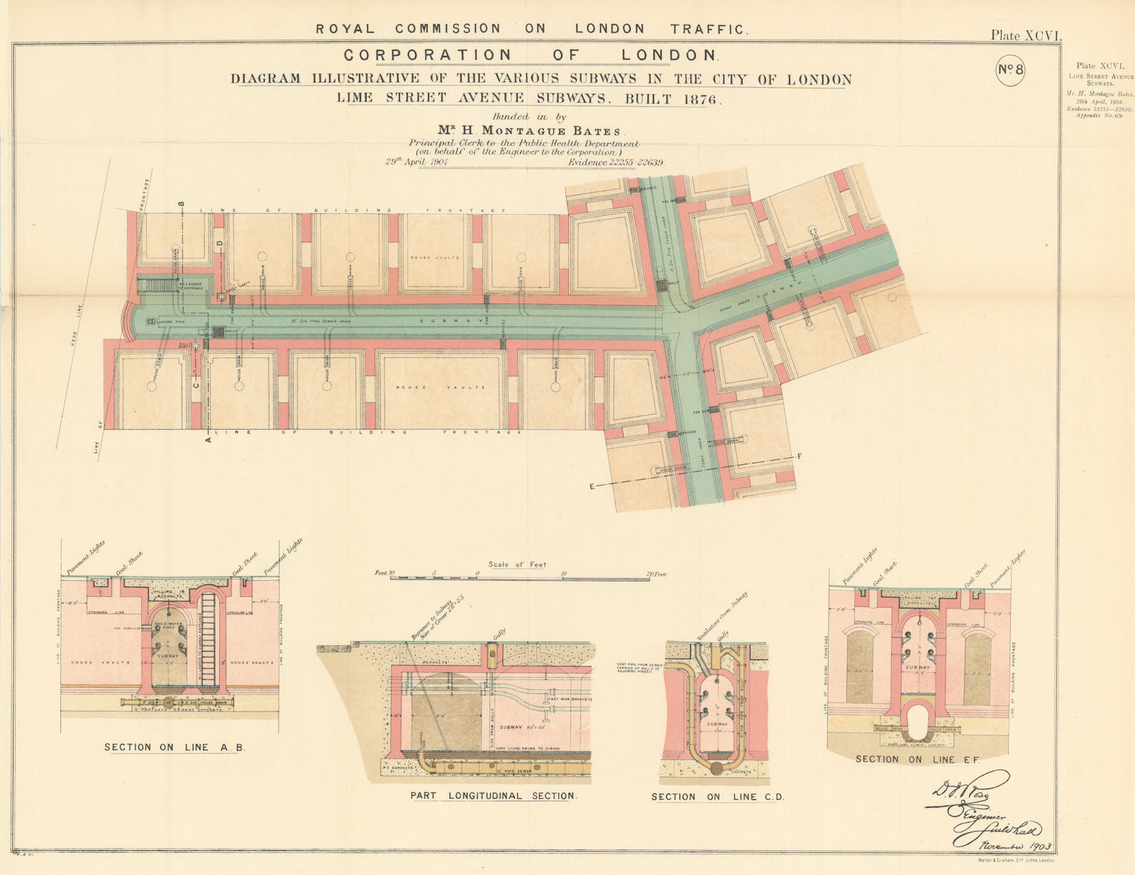 Royal Commission on London Traffic. Lime Street Avenue Subways 1906 old print